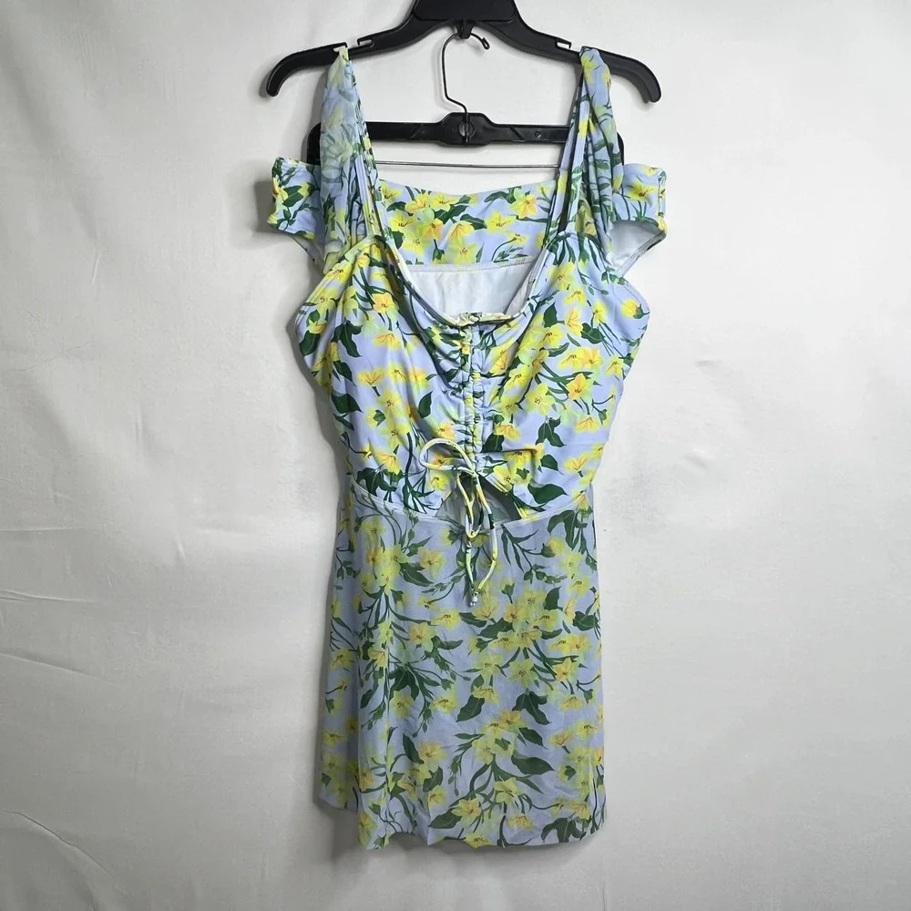2-Piece Blue Floral Swim Dress Womens 3XL Ruched Mesh Tropical Beach Vacation